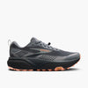 brooks cascadia 20 for women, road to trail gravel running and walking shoe, dark grey and black with peach detail, side profile of shoe
