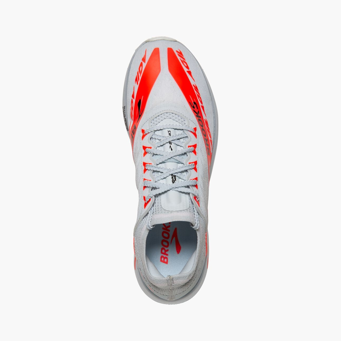 brooks catamount agil trail shoe, white with orange showing top of shoe with laces