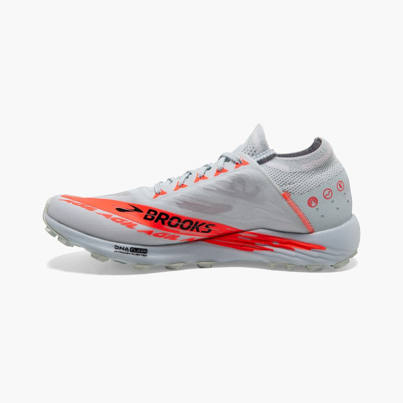 brooks catamount agil trail shoe, white with orange showing dna flash in sole