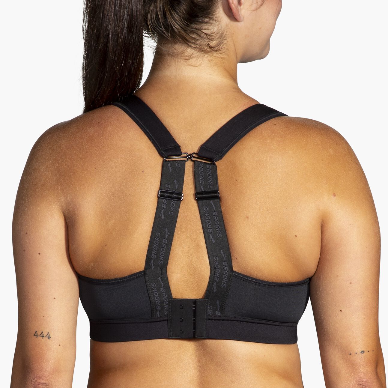 Brooks black sports bra convertible 2.0 style showing racerback style