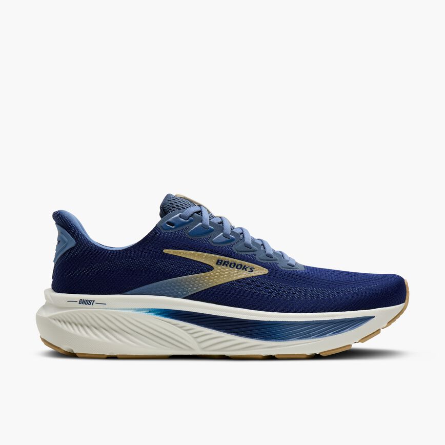 brooks ghost 17 for men road running shoe for everyday training navy blue colour with white sole and gold details side profile view