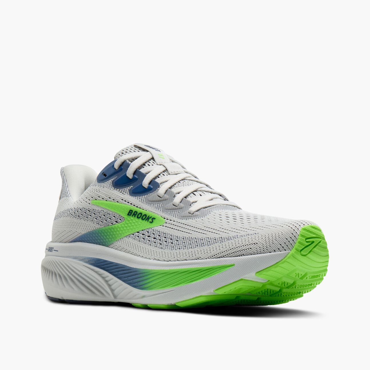 brooks ghost 17 for men road running shoe for everyday training white colour with white sole and blue and green details front side on view
