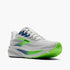 brooks ghost 17 for men road running shoe for everyday training white colour with white sole and blue and green details front side on view