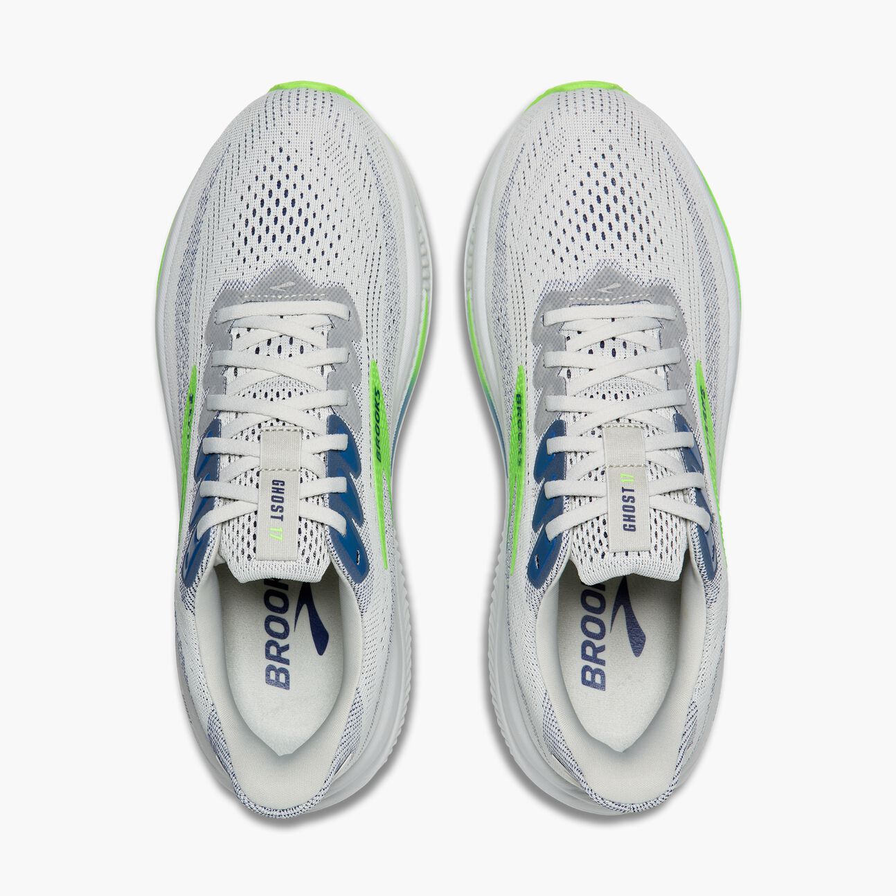 brooks ghost 17 for men road running shoe for everyday training white colour with white sole and blue and green details top down view of both shoes