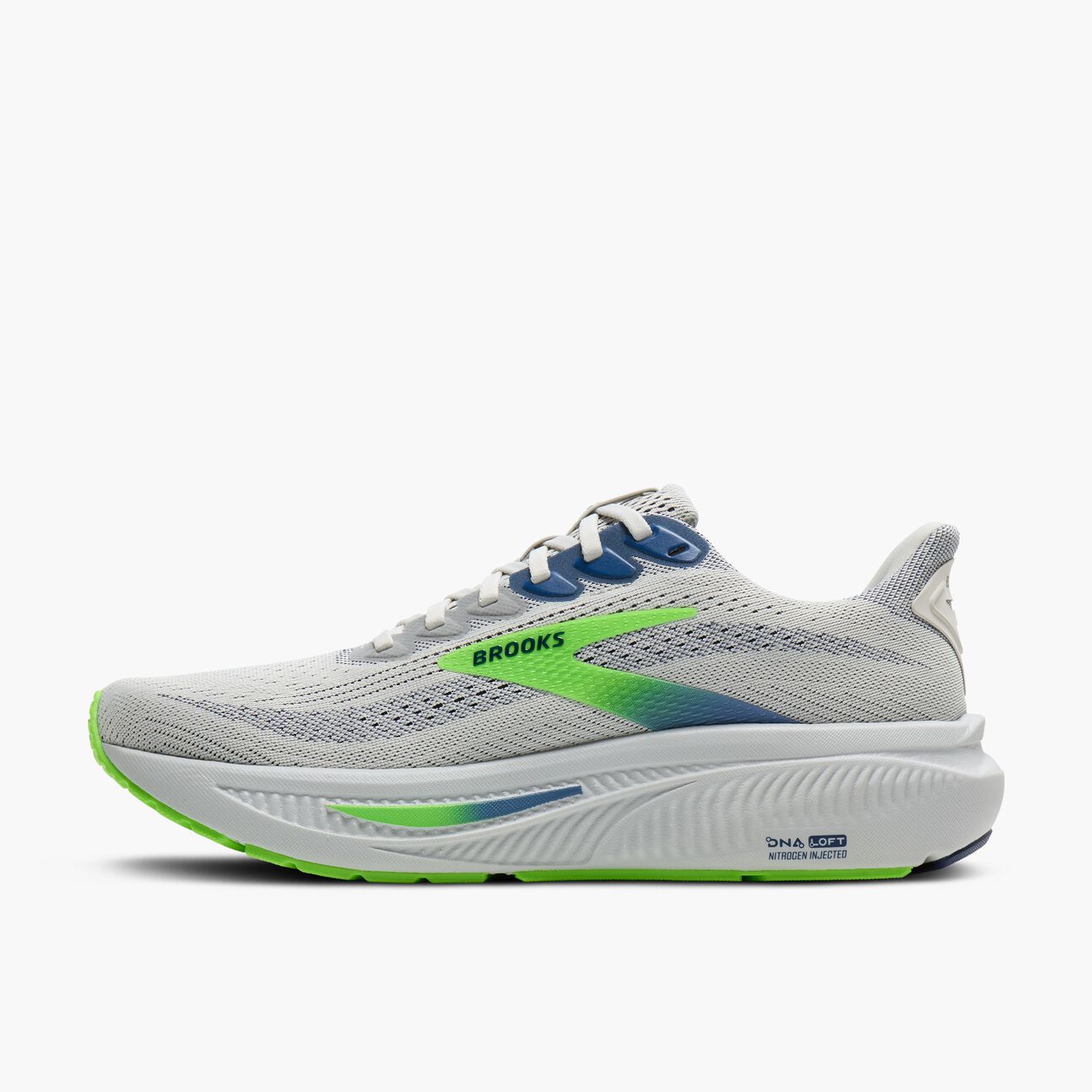 brooks ghost 17 for men road running shoe for everyday training white colour with white sole and blue and green details inside side profile view