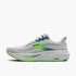 brooks ghost 17 for men road running shoe for everyday training white colour with white sole and blue and green details inside side profile view