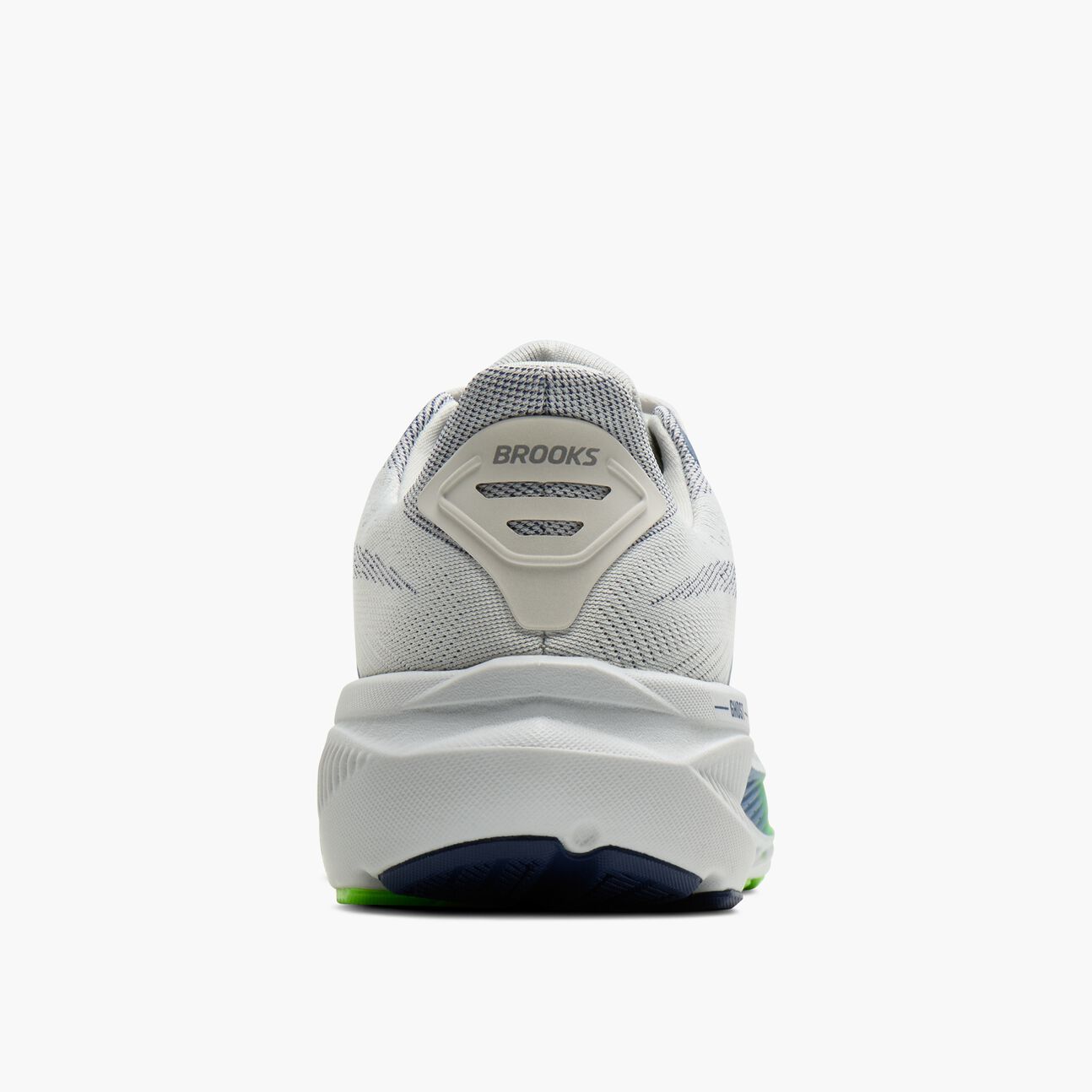 brooks ghost 17 for men road running shoe for everyday training white colour with white sole and blue and green details rear view