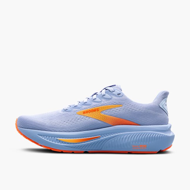 Light blue brooks ghost running shoe with orange accents on a white background profile