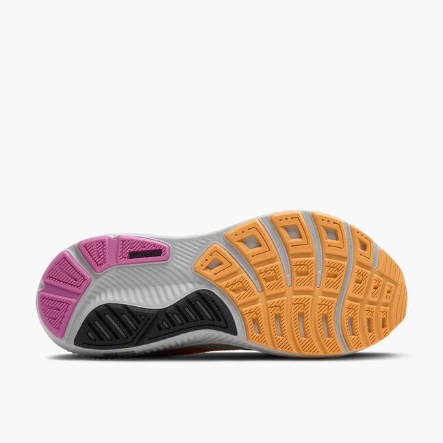 Brooks ghost 7 grey womens running shoe  with lightweight cushioning close-up of a shoe sole with pink, gray, and orange colors on a white background
