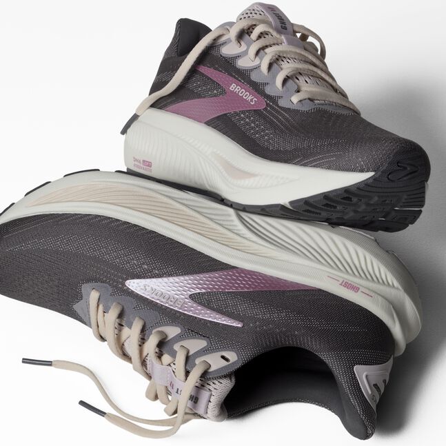 top view of brooks ghost 17 womens running shoe grey white pink 