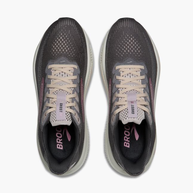 top view of brooks ghost 17 womens running shoe grey white pink 