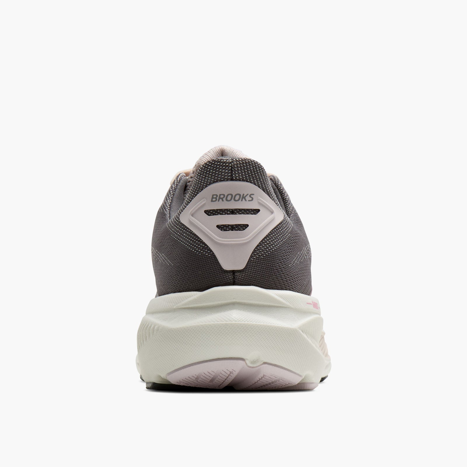 back view of brooks ghost 17 womens running shoe grey white pink 