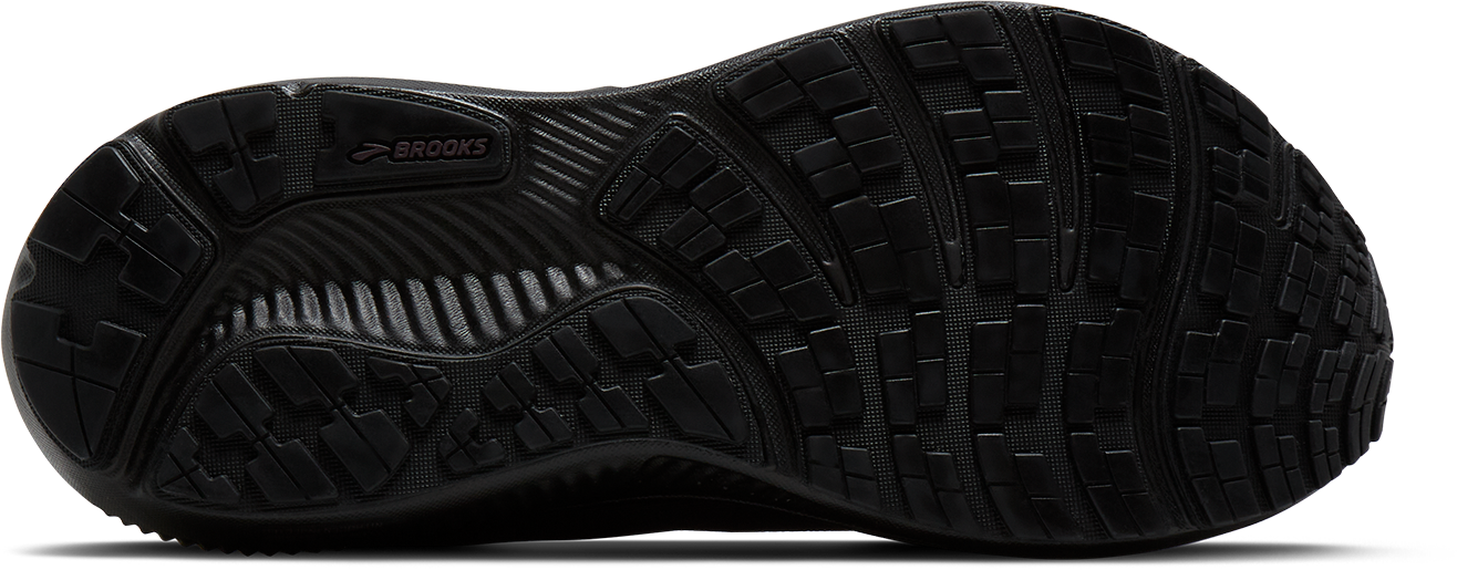 brooks ghost 18 gtx for women, waterproof everyday running and walking shoe, side profile of shoe, black with black sole, sole of shoes