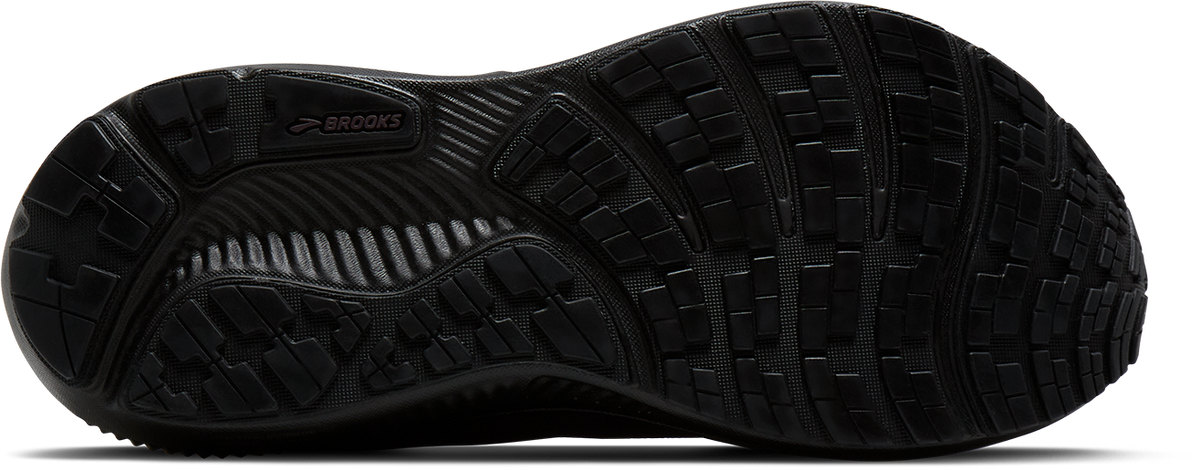 brooks ghost 18 gtx for women, waterproof everyday running and walking shoe, side profile of shoe, black with black sole, sole of shoes