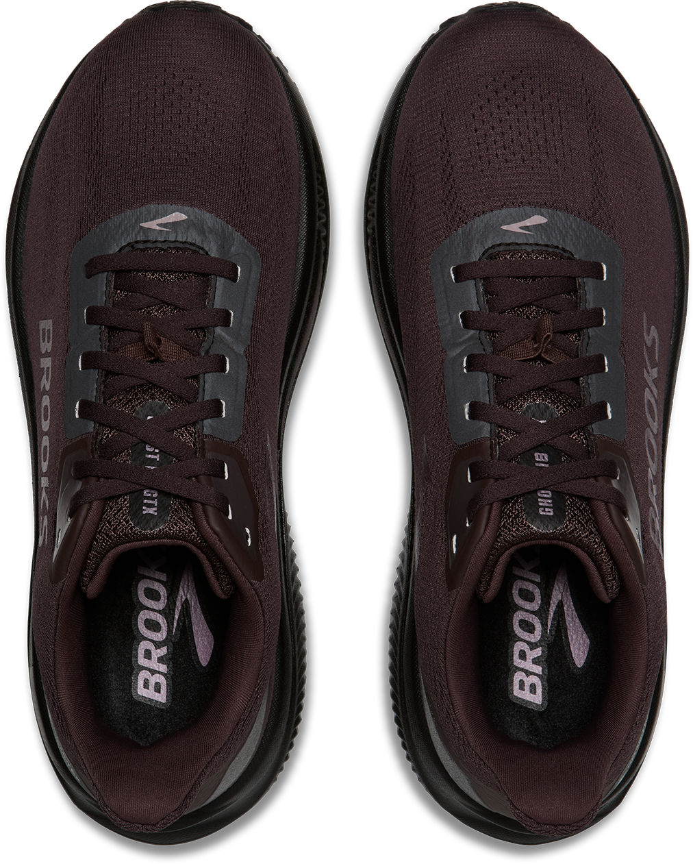 brooks ghost 18 gtx for women, waterproof everyday running and walking shoe, side profile of shoe, black with black sole, top down profile of shoes