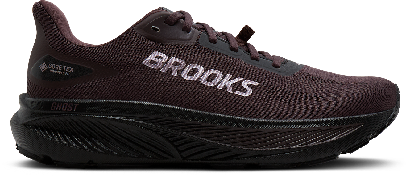 brooks ghost 18 gtx for women, waterproof everyday running and walking shoe, side profile of shoe, black with black sole, side profile of shoe