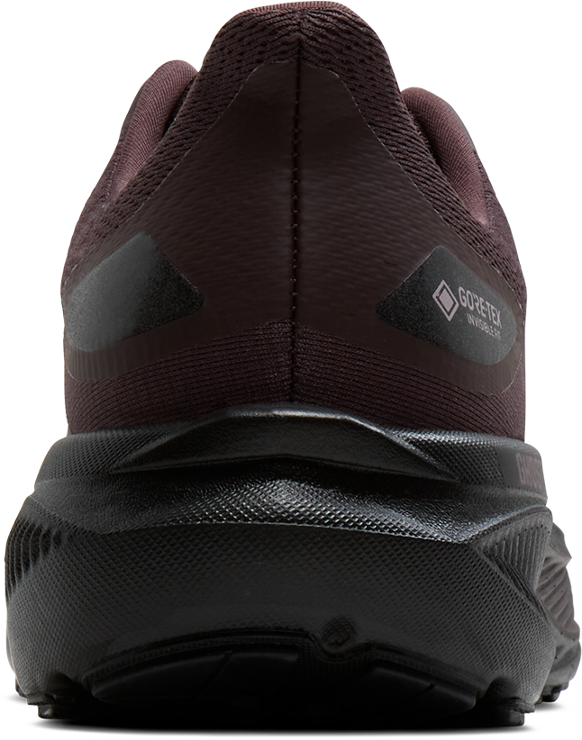 brooks ghost 18 gtx for women, waterproof everyday running and walking shoe, side profile of shoe, black with black sole, heel of shoes