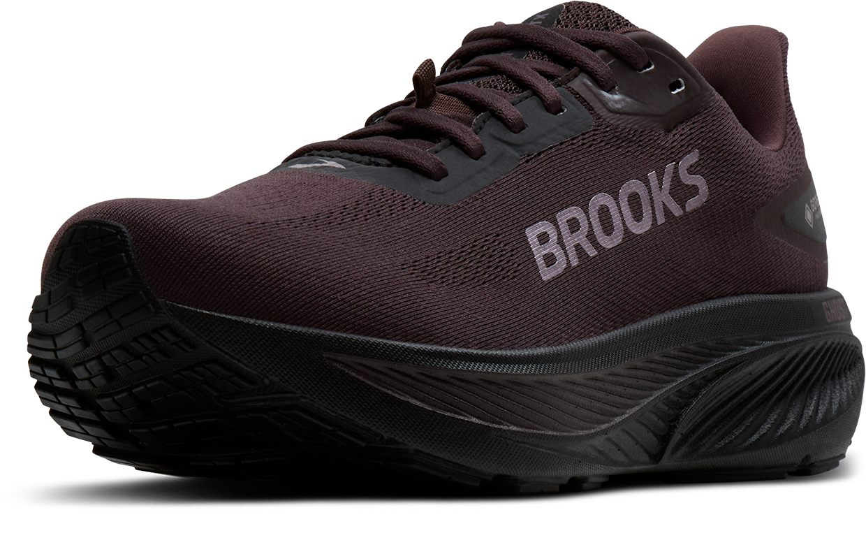 brooks ghost 18 gtx for women, waterproof everyday running and walking shoe, side profile of shoe, black with black sole, side angled profile of shoe