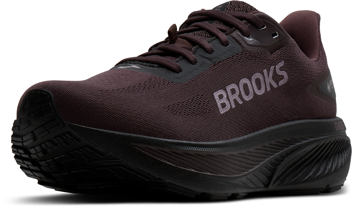 brooks ghost 18 gtx for women, waterproof everyday running and walking shoe, side profile of shoe, black with black sole, side angled profile of shoe