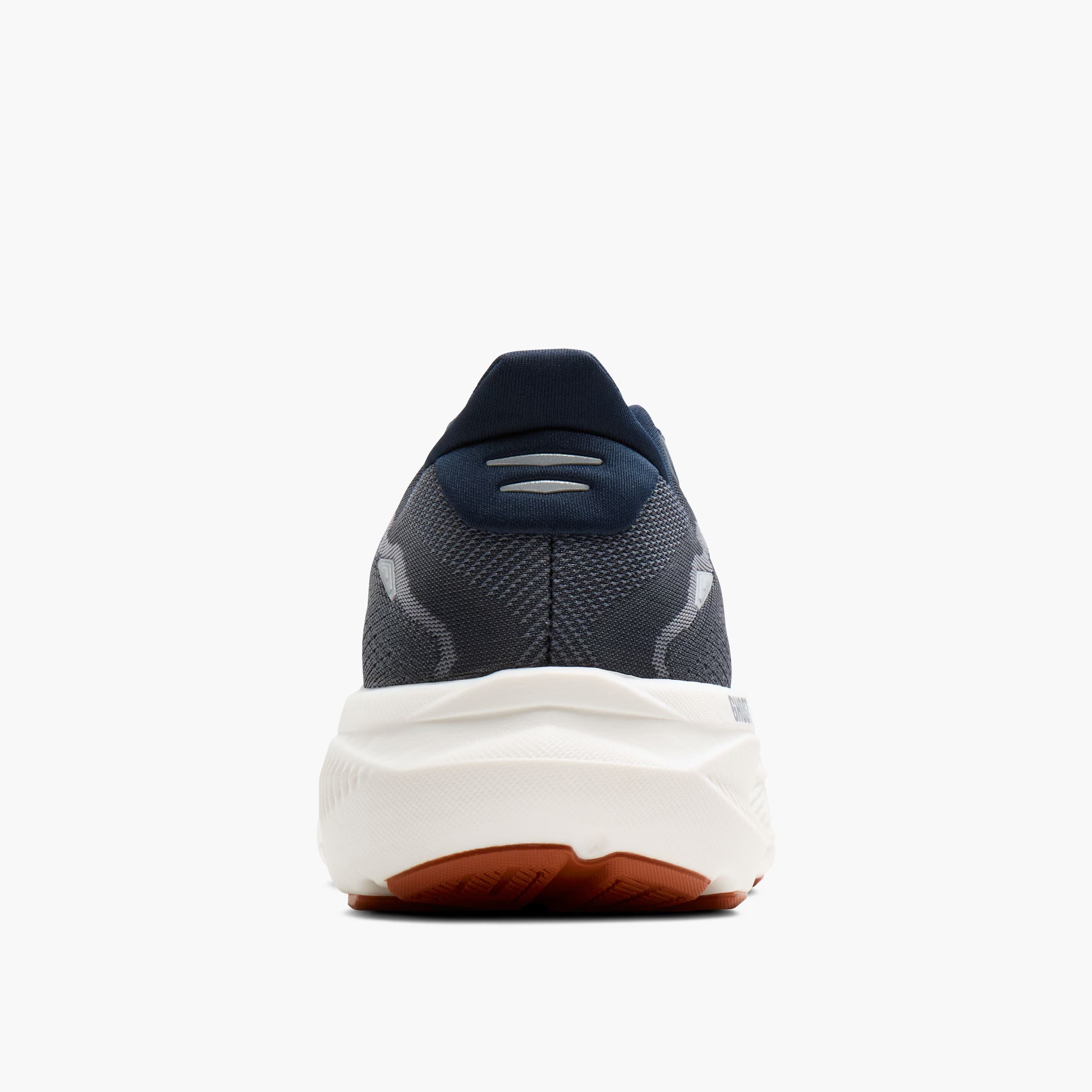 brooks ghost 18, road running and walking shoe for men, soft cushioning and balanced support, navy with white and brick red details, back heel of shoe
