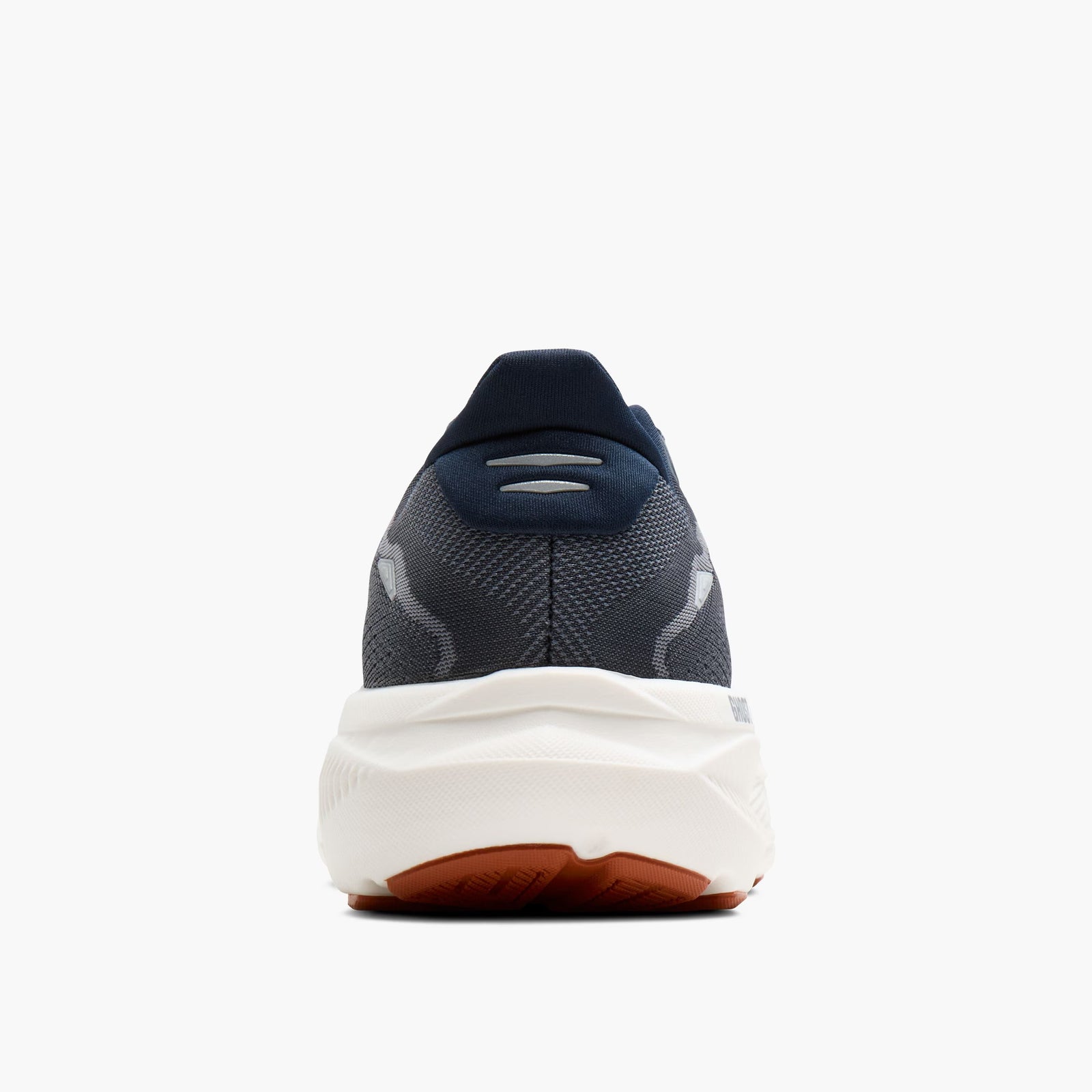 brooks ghost 18, road running and walking shoe for men, soft cushioning and balanced support, navy with white and brick red details, back heel of shoe