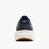 brooks ghost 18, road running and walking shoe for men, soft cushioning and balanced support, navy with white and brick red details, back heel of shoe