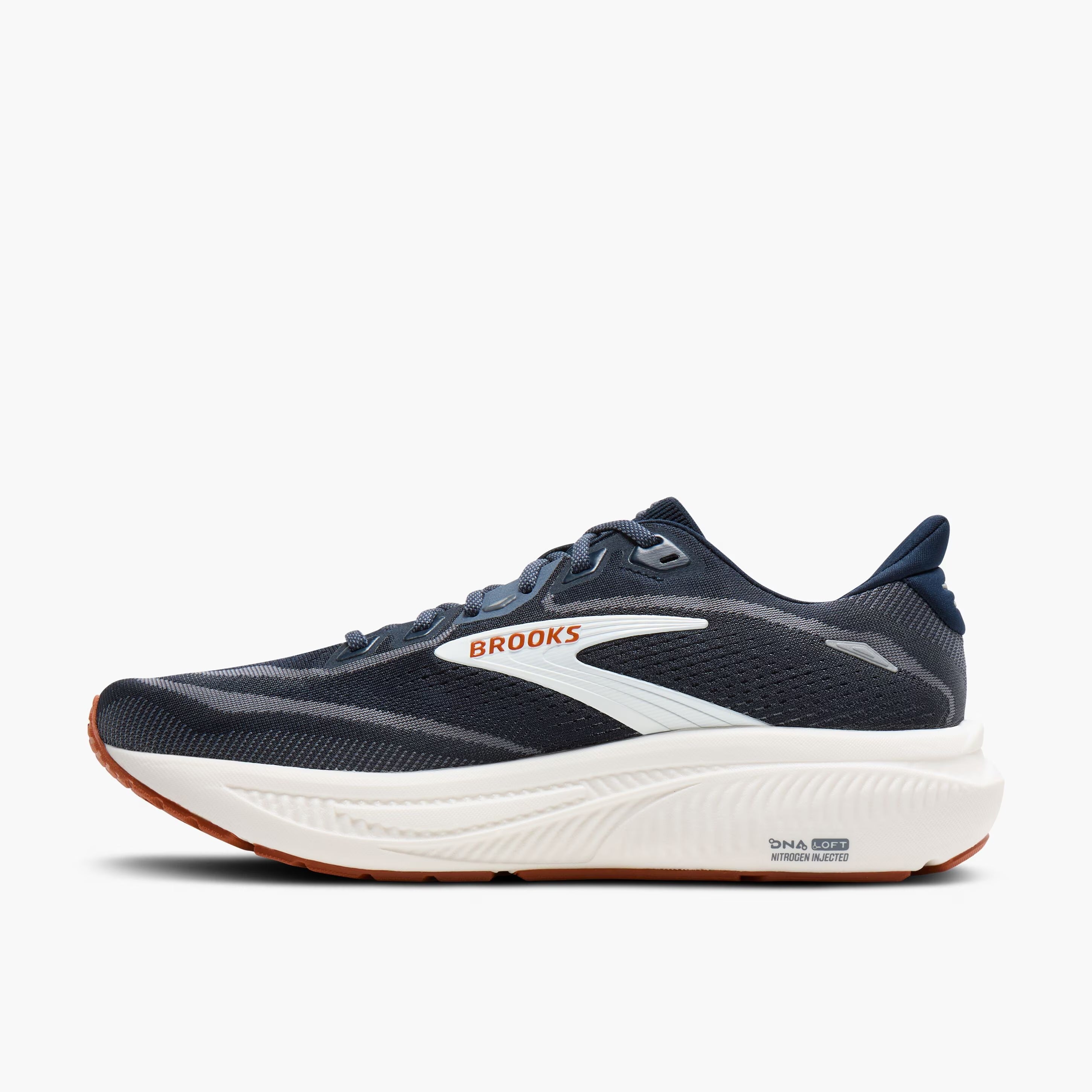 brooks ghost 18, road running and walking shoe for men, soft cushioning and balanced support, navy with white and brick red details, inside profile of shoe
