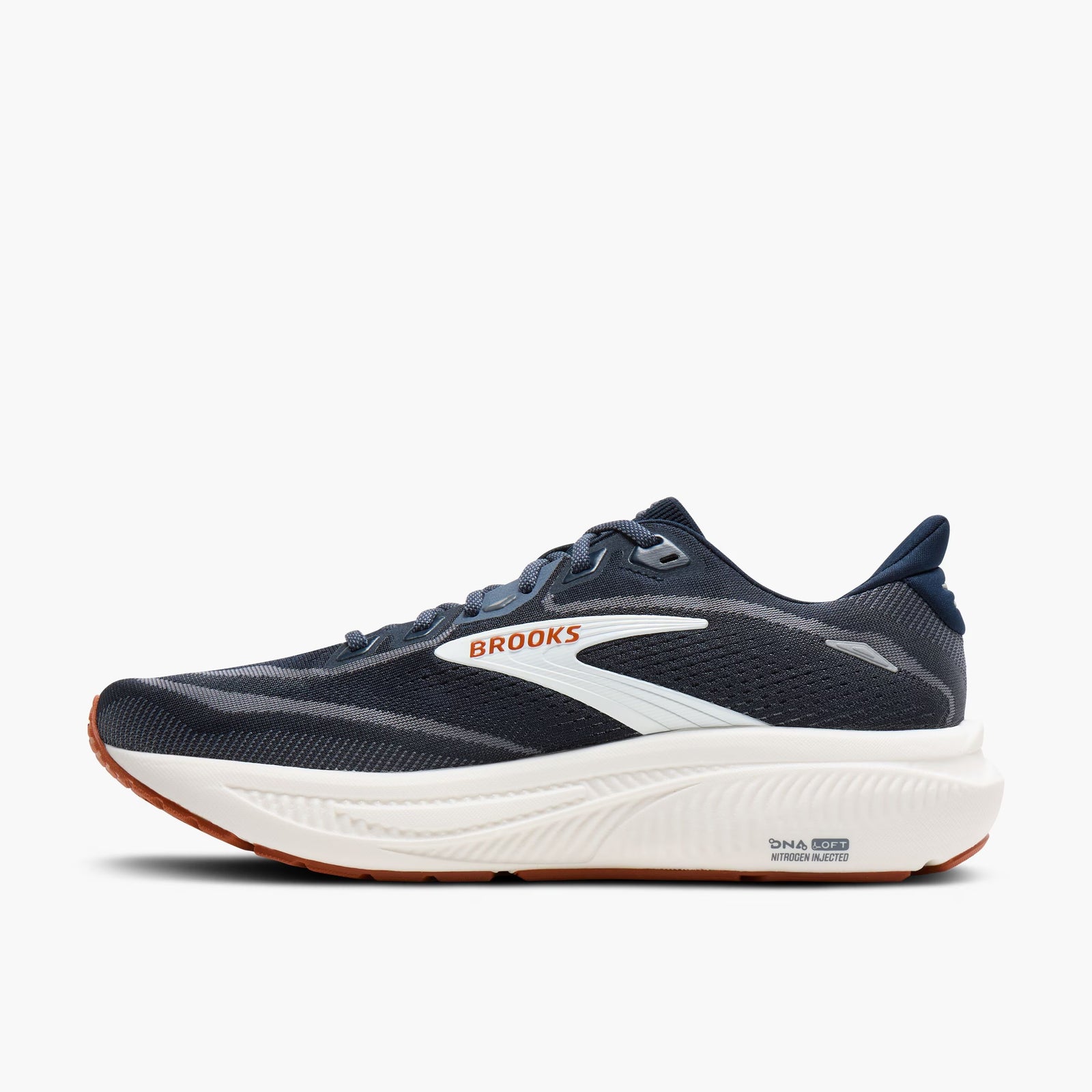 brooks ghost 18, road running and walking shoe for men, soft cushioning and balanced support, navy with white and brick red details, inside profile of shoe