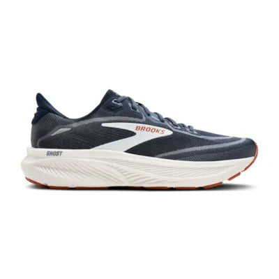 brooks ghost 18, road running and walking shoe for men, soft cushioning and balanced support, navy with white and brick red details, side profile of shoe