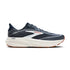 brooks ghost 18, road running and walking shoe for men, soft cushioning and balanced support, navy with white and brick red details, side profile of shoe