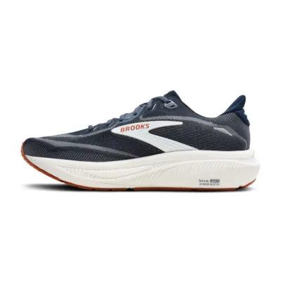 brooks ghost 18, road running and walking shoe for men, soft cushioning and balanced support, navy with white and brick red details, side profile of shoe