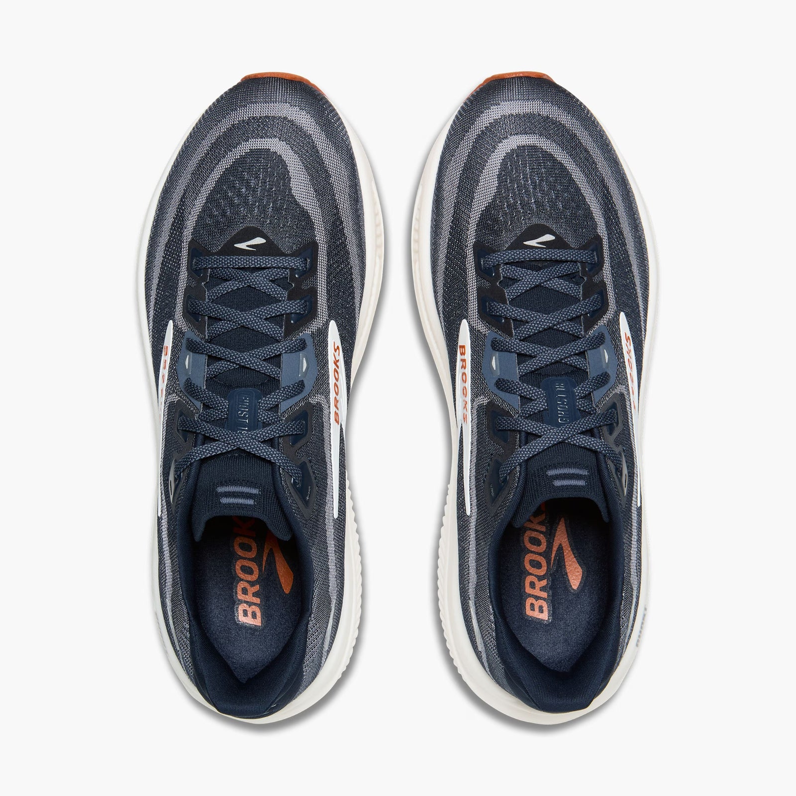 brooks ghost 18, road running and walking shoe for men, soft cushioning and balanced support, navy with white and brick red details, top of shoe