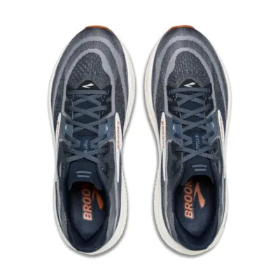 brooks ghost 18, road running and walking shoe for men, soft cushioning and balanced support, navy with white and brick red details, overhead profile of both shoes