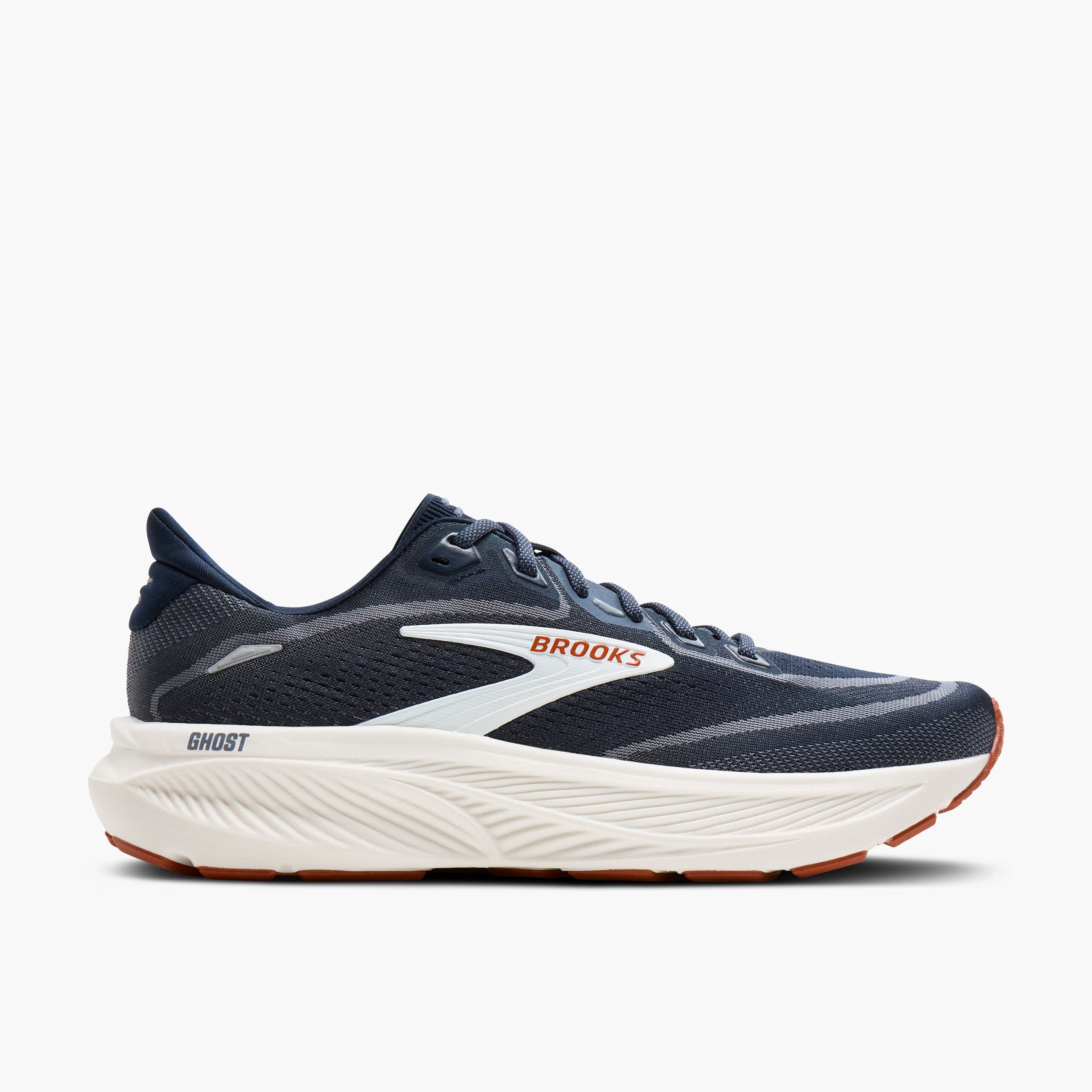 brooks ghost 18, road running and walking shoe for men, soft cushioning and balanced support, navy with white and brick red details, outside profile of shoe