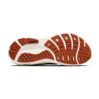 brooks ghost 18, road running and walking shoe for men, soft cushioning and balanced support, navy with white and brick red details, profile of sole of shoe