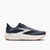 brooks ghost 18, road running and walking shoe for men, soft cushioning and balanced support, navy with white and brick red details, outside profile of shoe