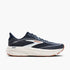 brooks ghost 18, road running and walking shoe for men, soft cushioning and balanced support, navy with white and brick red details, outside profile of shoe