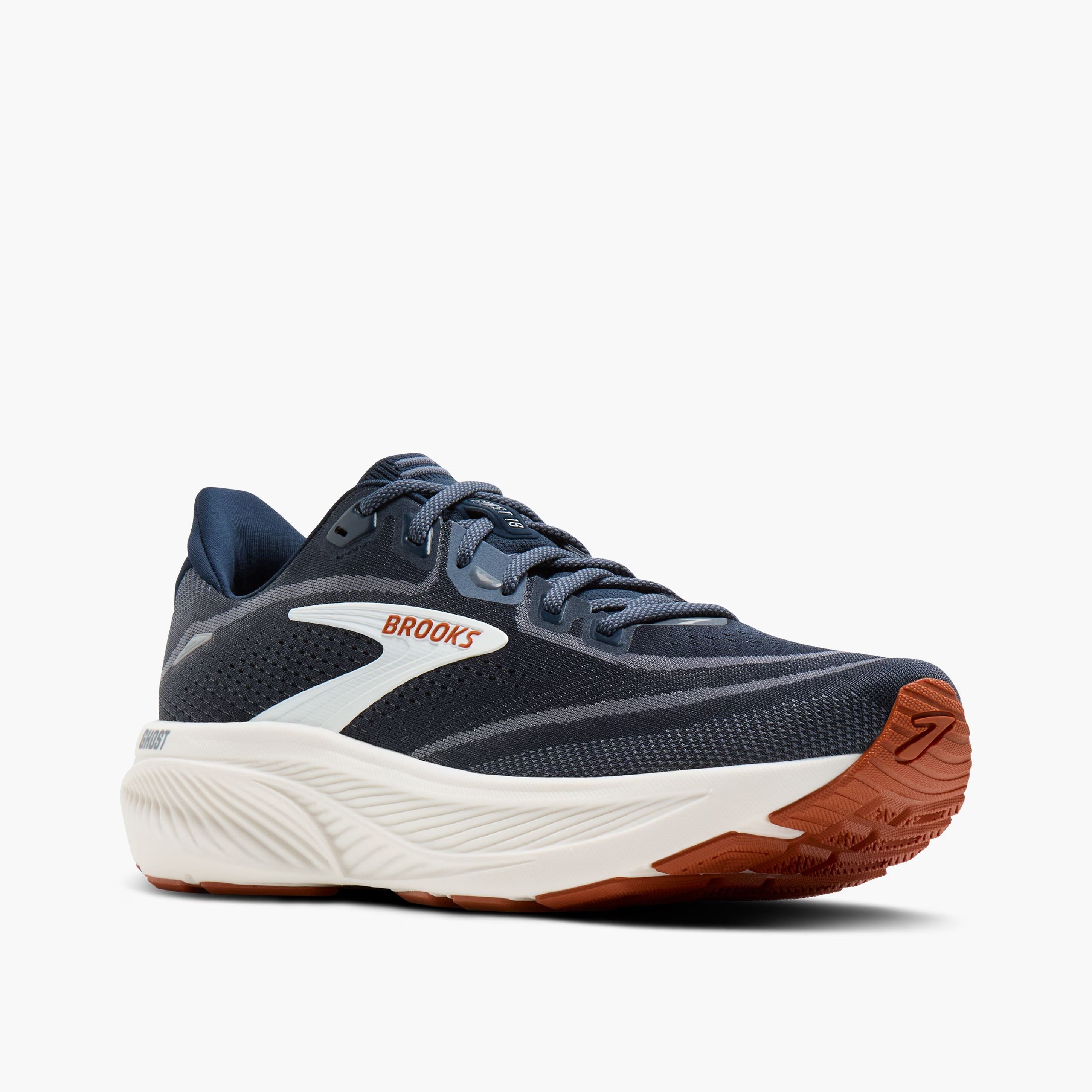 brooks ghost 18, road running and walking shoe for men, soft cushioning and balanced support, navy with white and brick red details, side profile of shoe