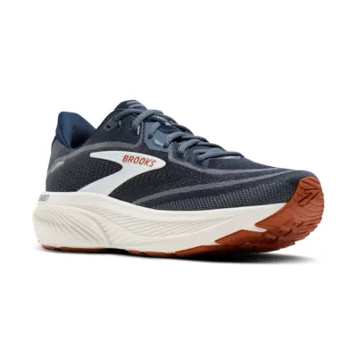 brooks ghost 18, road running and walking shoe for men, soft cushioning and balanced support, navy with white and brick red details, side profile of shoe