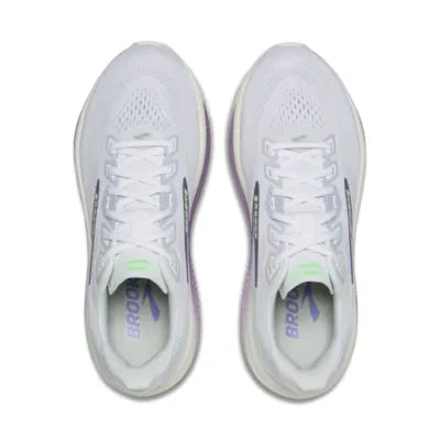 brooks ghost 18 womens, lightweight versatile road running and walking shoe, white with green and purple detials, overhead profile of both shoes on a white background