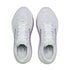 brooks ghost 18 womens, lightweight versatile road running and walking shoe, white with green and purple detials, overhead profile of both shoes on a white background