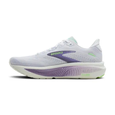 brooks ghost 18 womens, lightweight versatile road running and walking shoe, white with green and purple detials, side profile of shoe on a white background