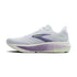 brooks ghost 18 womens, lightweight versatile road running and walking shoe, white with green and purple detials, side profile of shoe on a white background