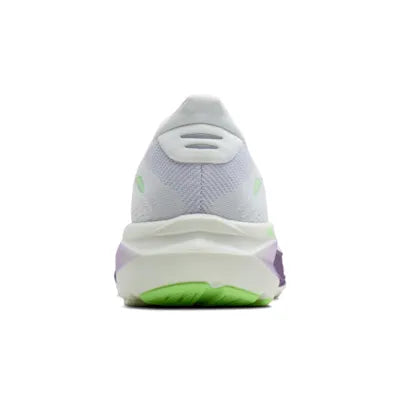 brooks ghost 18 womens, lightweight versatile road running and walking shoe, white with green and purple detials, back profile of shoe on a white background