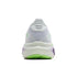 brooks ghost 18 womens, lightweight versatile road running and walking shoe, white with green and purple detials, back profile of shoe on a white background