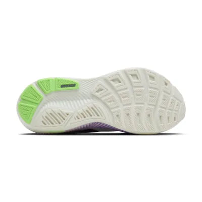 brooks ghost 18 womens, lightweight versatile road running and walking shoe, white with green and purple detials, sole profile of shoe on a white background