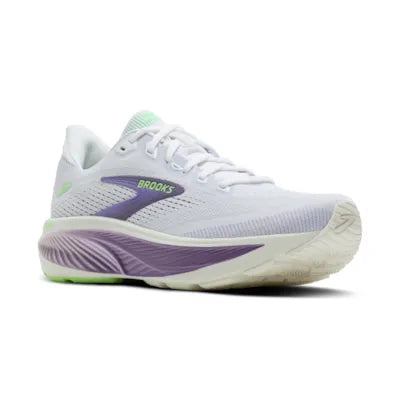 brooks ghost 18 womens, lightweight versatile road running and walking shoe, white with green and purple detials, side profile of shoe on a white background