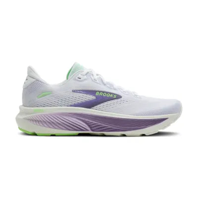 brooks ghost 18 womens, lightweight versatile road running and walking shoe, white with green and purple detials, side profile of shoe on a white background