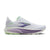 brooks ghost 18 womens, lightweight versatile road running and walking shoe, white with green and purple detials, side profile of shoe on a white background