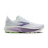 brooks ghost 18 womens, lightweight versatile road running and walking shoe, white with green and purple detials, side profile of shoe on a white background